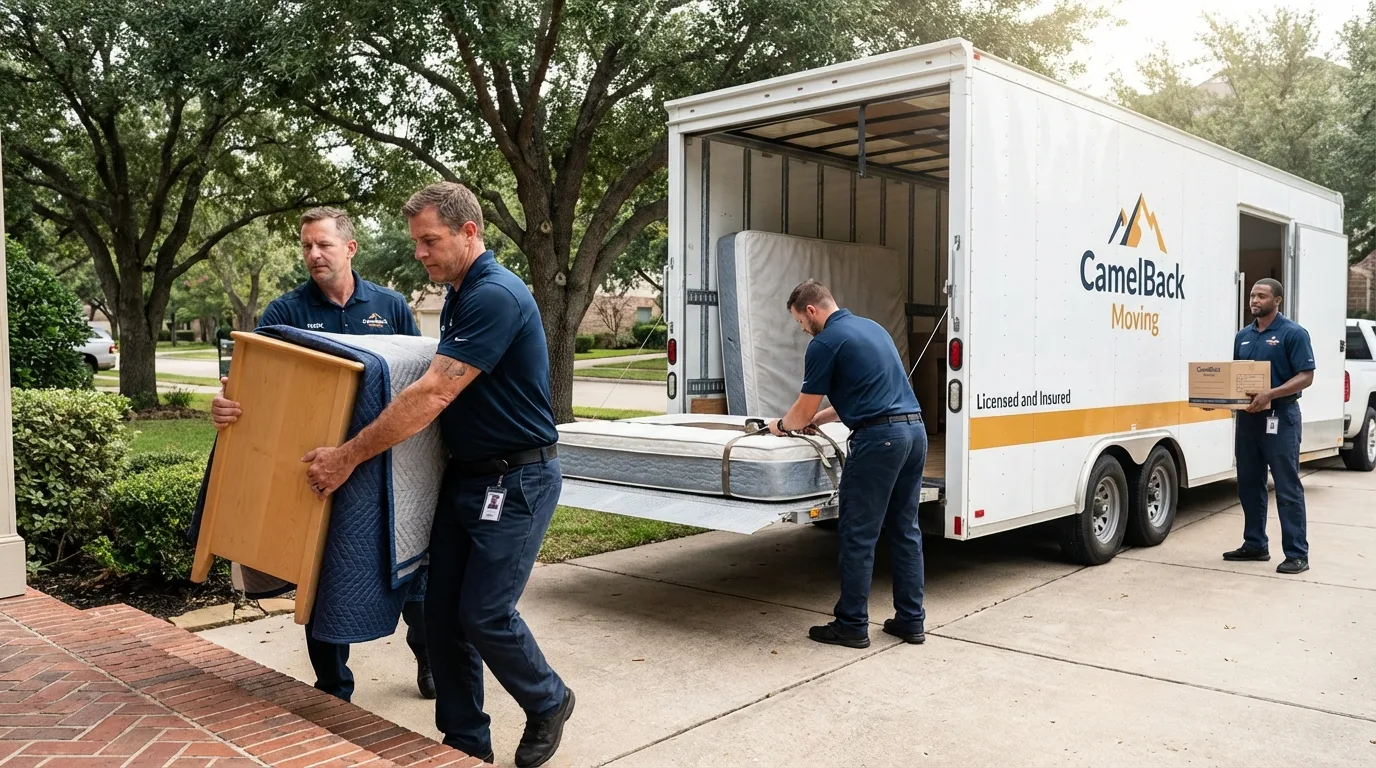 Crew loading residential truck for cross-state move from Post Falls, ID